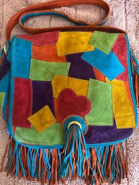 Moschino Redwall 1990s Rainbow Suede Leather Tassle Fringe Crossbody Bag